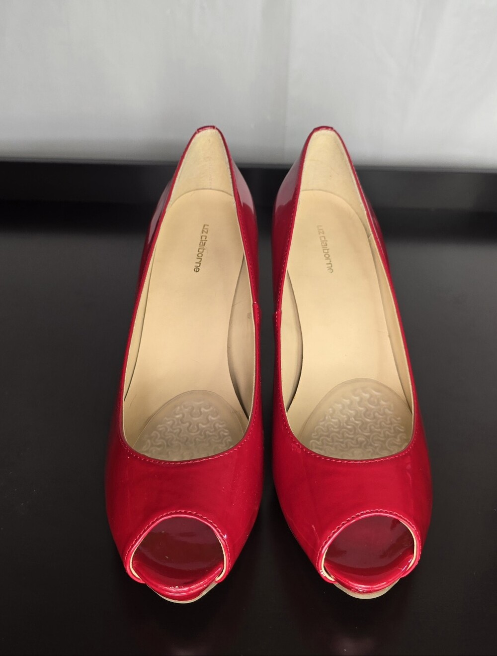 Liz Claiborne Red Patent Leather Peep-Toe Stiletto Pumps in Size 9